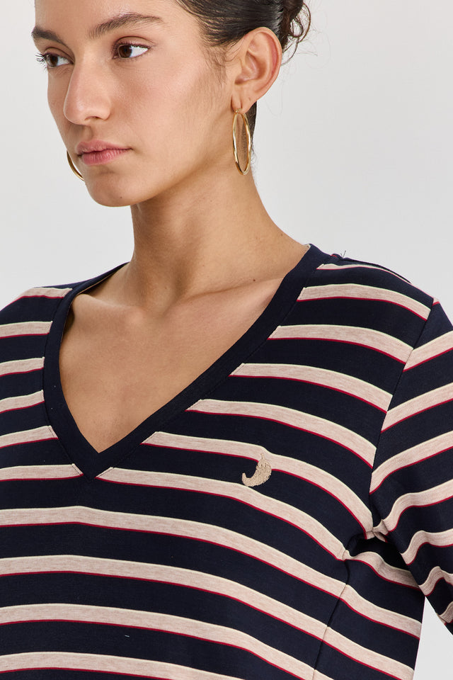 חולצת קוקיז מפתח וי שרוולים ארוכים פסים נייבי בורגנדי