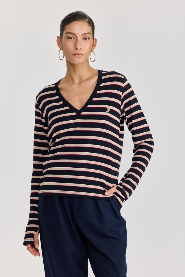 חולצת קוקיז מפתח וי שרוולים ארוכים פסים נייבי בורגנדי