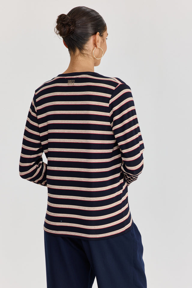 חולצת קוקיז מפתח וי שרוולים ארוכים פסים נייבי בורגנדי