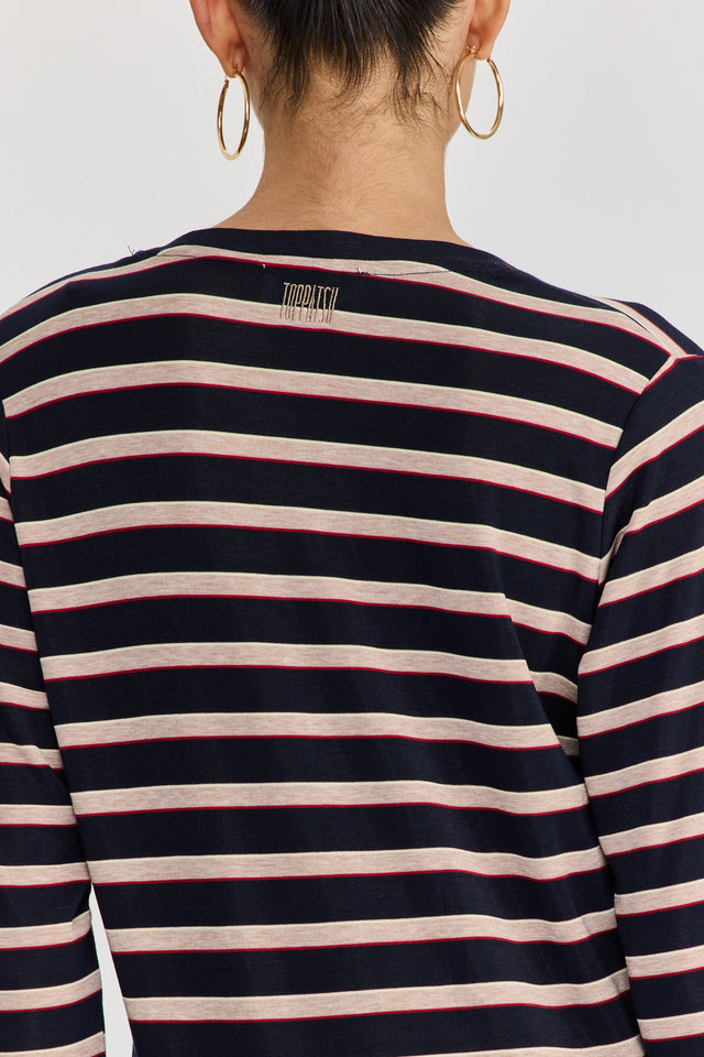 חולצת קוקיז מפתח וי שרוולים ארוכים פסים נייבי בורגנדי