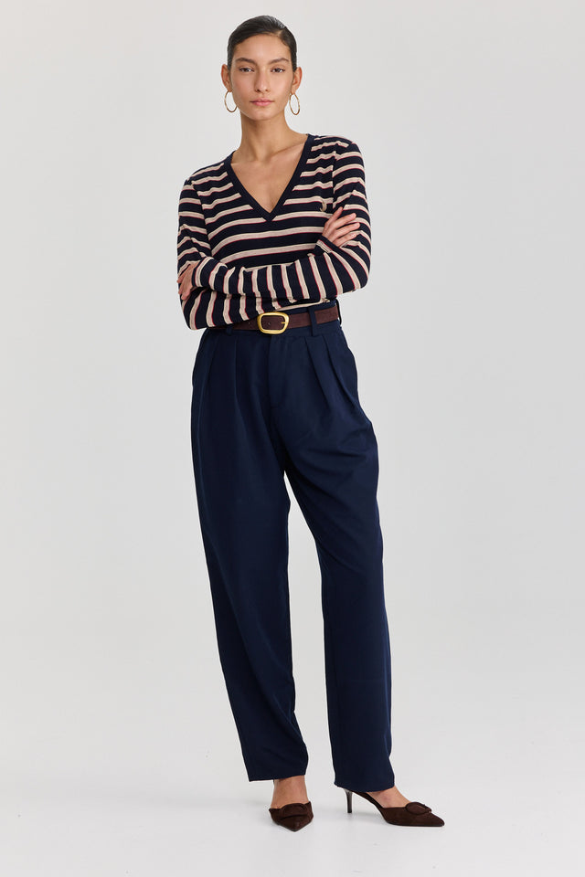 חולצת קוקיז מפתח וי שרוולים ארוכים פסים נייבי בורגנדי