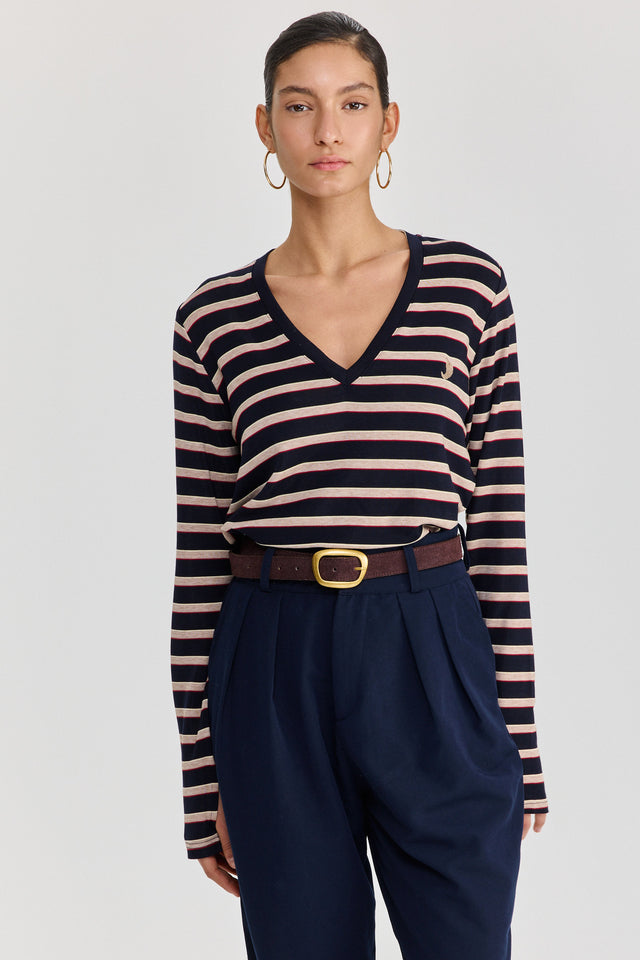 חולצת קוקיז מפתח וי שרוולים ארוכים פסים נייבי בורגנדי