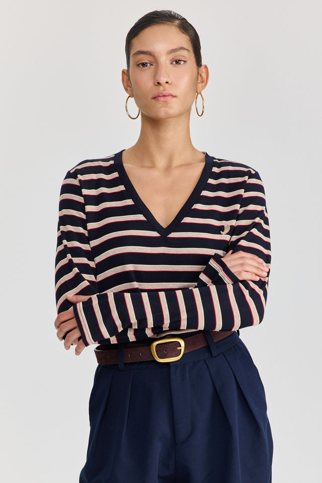 חולצת קוקיז מפתח וי שרוולים ארוכים פסים נייבי בורגנדי