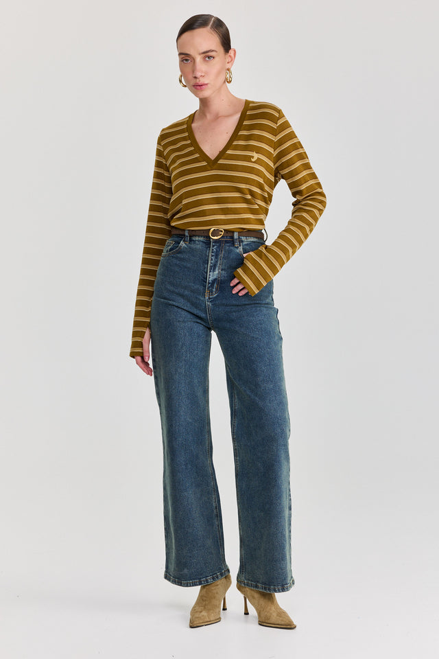 חולצת קוקיז מפתח וי שרוולים ארוכים פסים ירוק חום