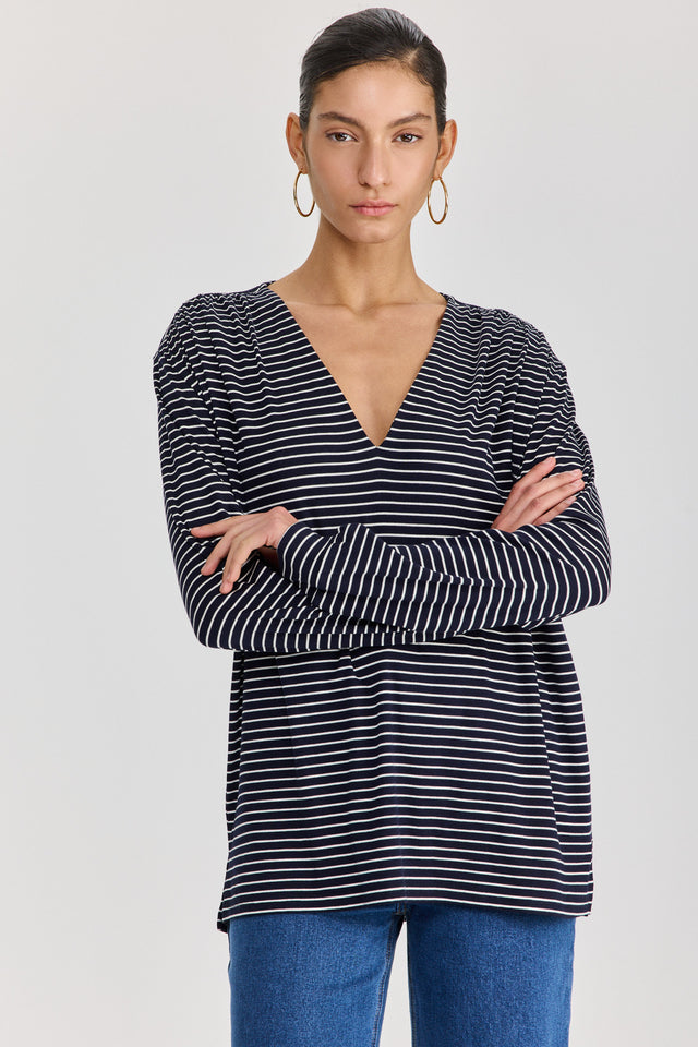 חולצת וי כיווצים שרוולים ארוכים פסים נייבי