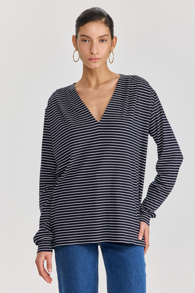 חולצת וי כיווצים שרוולים ארוכים פסים נייבי