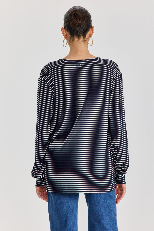 חולצת וי כיווצים שרוולים ארוכים פסים נייבי