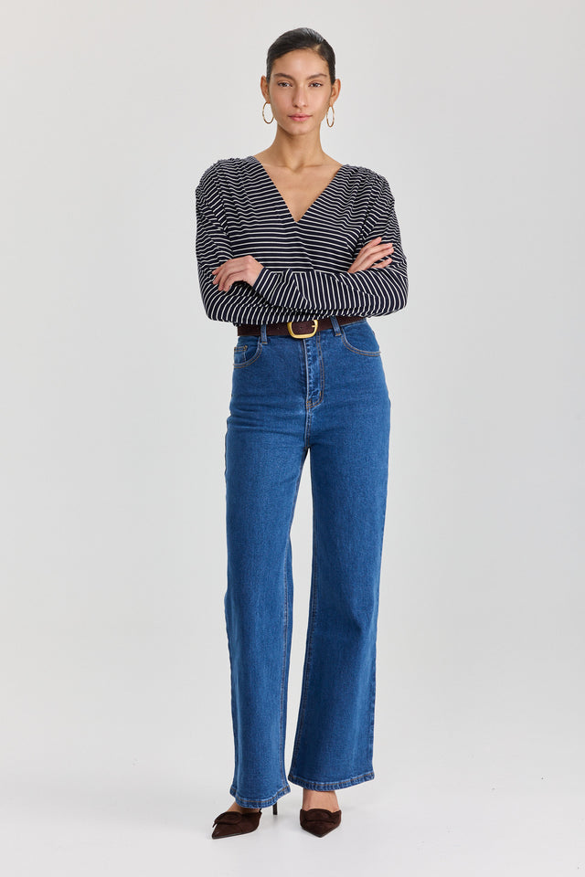 חולצת וי כיווצים שרוולים ארוכים פסים נייבי