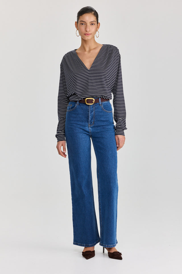 חולצת וי כיווצים שרוולים ארוכים פסים נייבי