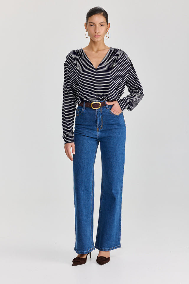 חולצת וי כיווצים שרוולים ארוכים פסים נייבי