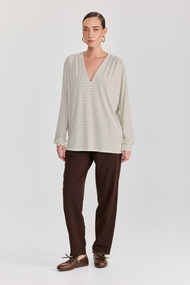 חולצת וי כיווצים שרוולים ארוכים פסים לבן חום