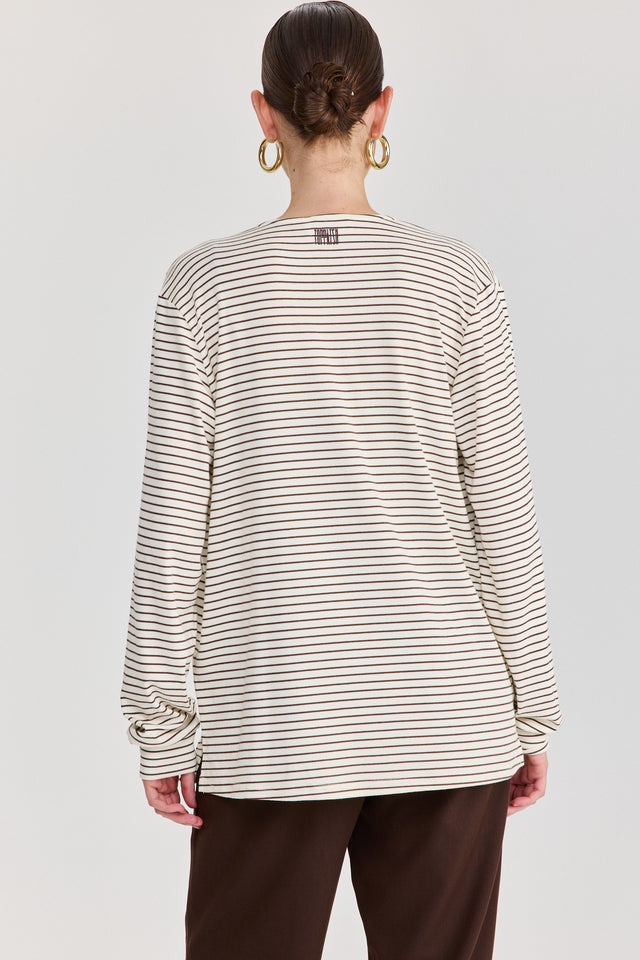 חולצת וי כיווצים שרוולים ארוכים פסים לבן חום