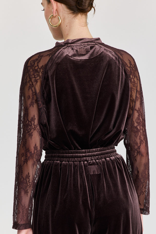 חולצת קטיפה league שרוולי תחרה חום שוקולד