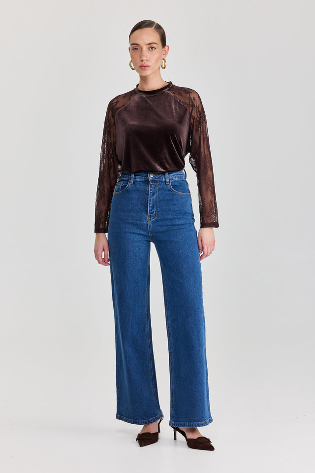 חולצת קטיפה league שרוולי תחרה חום שוקולד