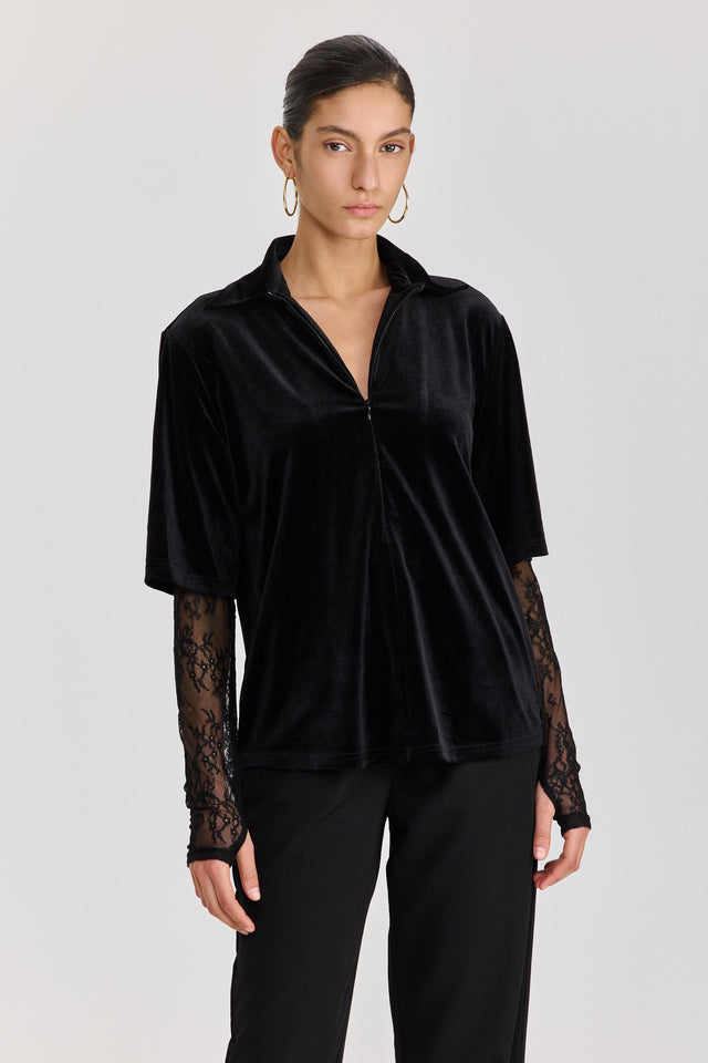 חולצת קטיפה ספרינג רול שרוולי תחרה שחורה