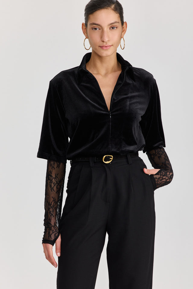 חולצת קטיפה ספרינג רול שרוולי תחרה שחורה