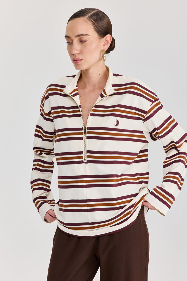 חולצת זיפר ספייסי שרוול ארוך חום פסים