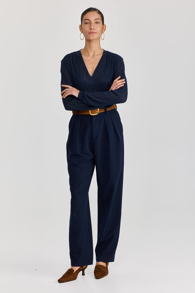 חולצת וי כיווצים ארוכה נייבי