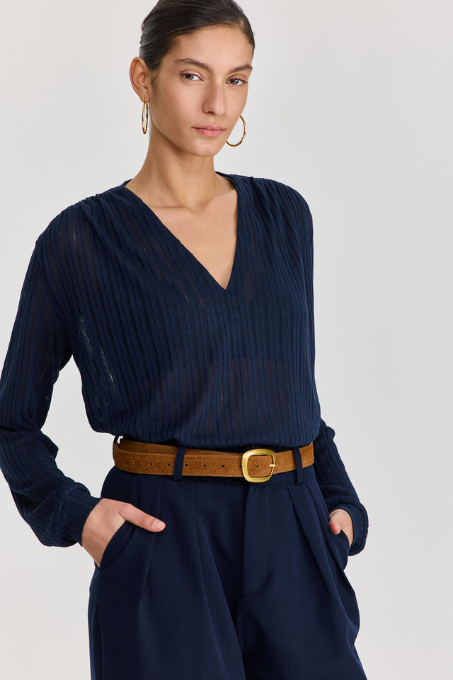 חולצת וי כיווצים ארוכה נייבי