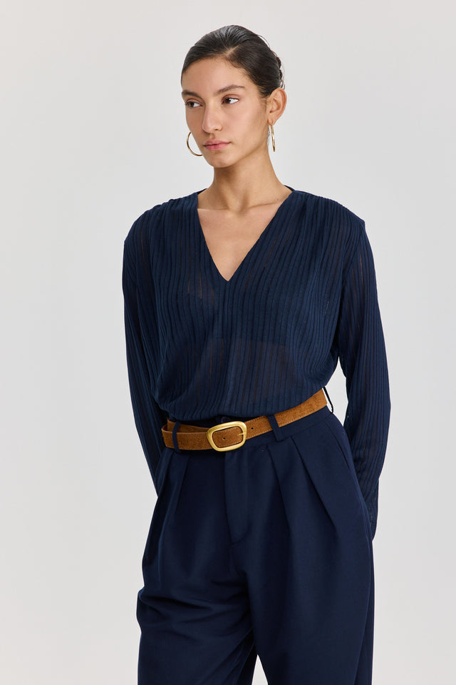 חולצת וי כיווצים ארוכה נייבי