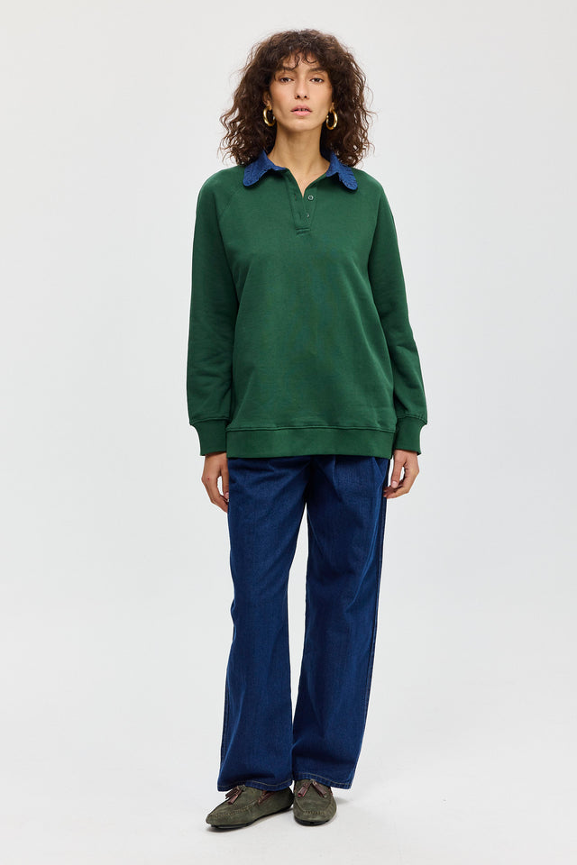 סוויטשירט קריספי פולו ירוק בקבוק צווארון ג׳ינס