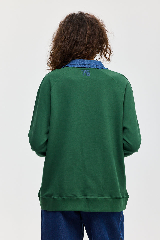 סוויטשירט קריספי פולו ירוק בקבוק צווארון ג׳ינס