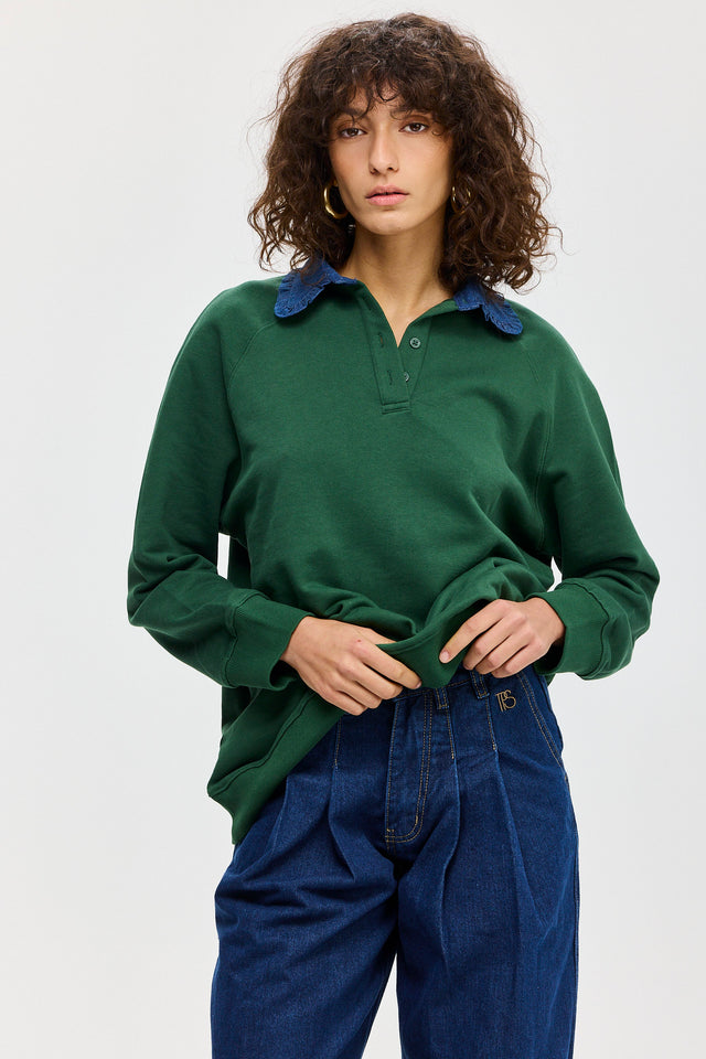 סוויטשירט קריספי פולו ירוק בקבוק צווארון ג׳ינס
