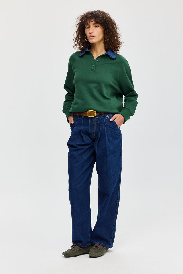 סוויטשירט קריספי פולו ירוק בקבוק צווארון ג׳ינס