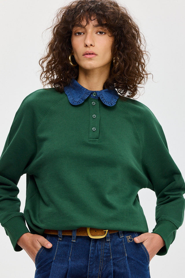 סוויטשירט קריספי פולו ירוק בקבוק צווארון ג׳ינס