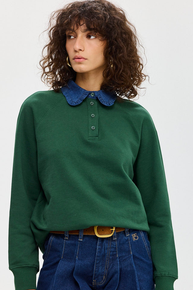 סוויטשירט קריספי פולו ירוק בקבוק צווארון ג׳ינס