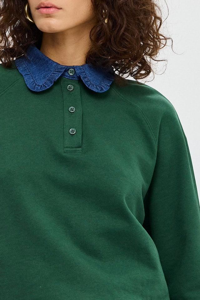 סוויטשירט קריספי פולו ירוק בקבוק צווארון ג׳ינס