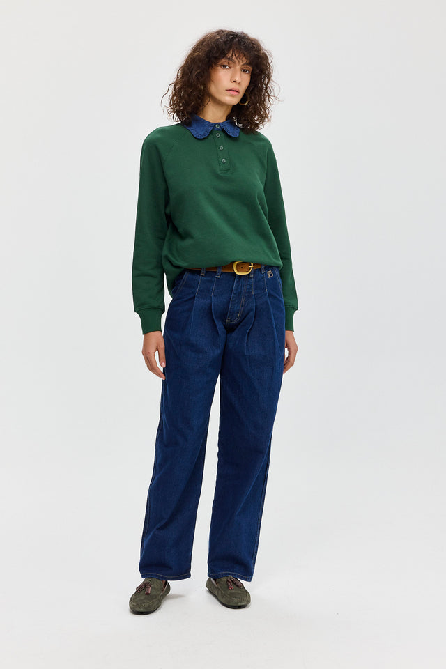 סוויטשירט קריספי פולו ירוק בקבוק צווארון ג׳ינס