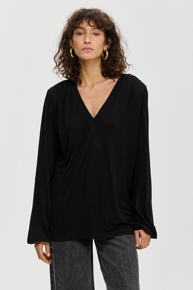 חולצה מפתח וי כיווצים ברוסקטה שרוולים תפוחים שחורה