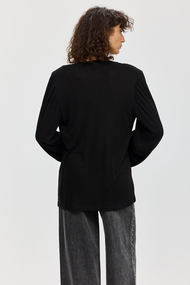 חולצה מפתח וי כיווצים ברוסקטה שרוולים תפוחים שחורה