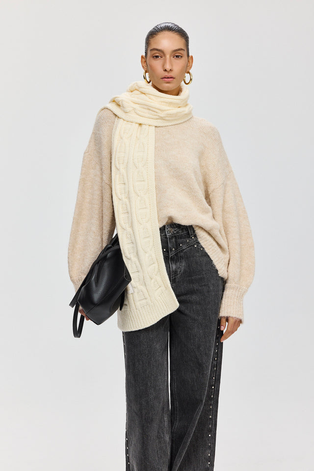 צעיף סריגה גאומטרית חמאה שמנת