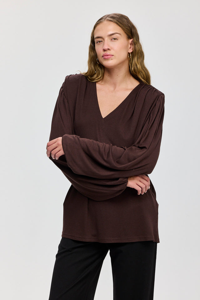 חולצה מפתח וי כיווצים ברוסקטה שרוולים תפוחים חומה