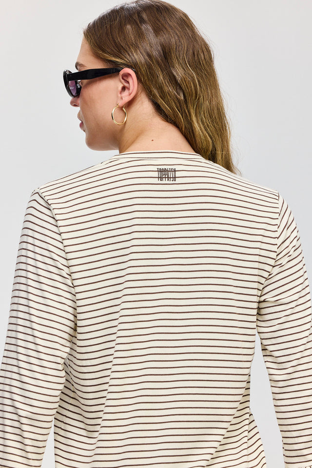 חולצת רביולי חפת פעמון פסים חום שמנת