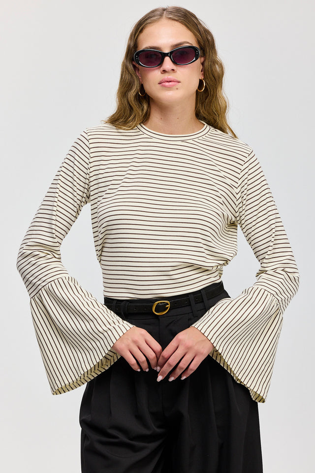 חולצת רביולי חפת פעמון פסים חום שמנת