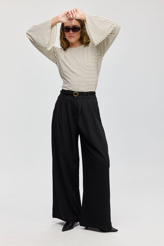 חולצת רביולי חפת פעמון פסים חום שמנת