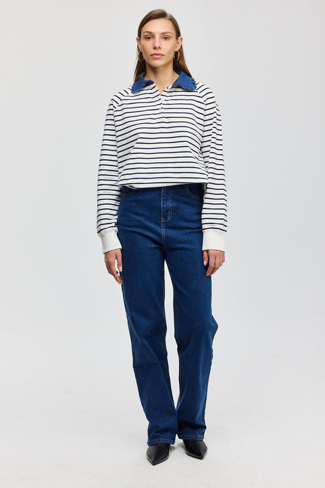 סוויטשירט קריספי פולו פסים נייבי צווארון ג׳ינס