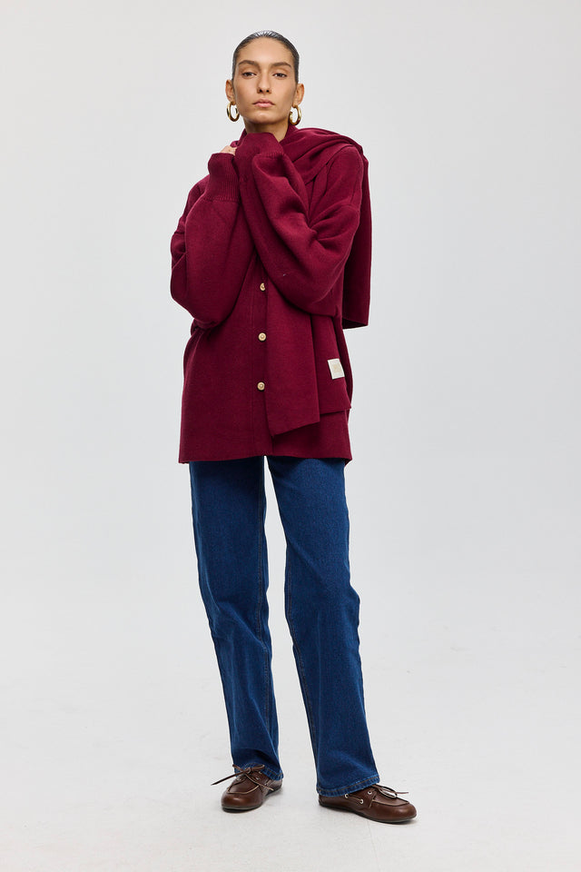 קרדיגן פרזנט סוודר שרוולים תפוחים בורגנדי