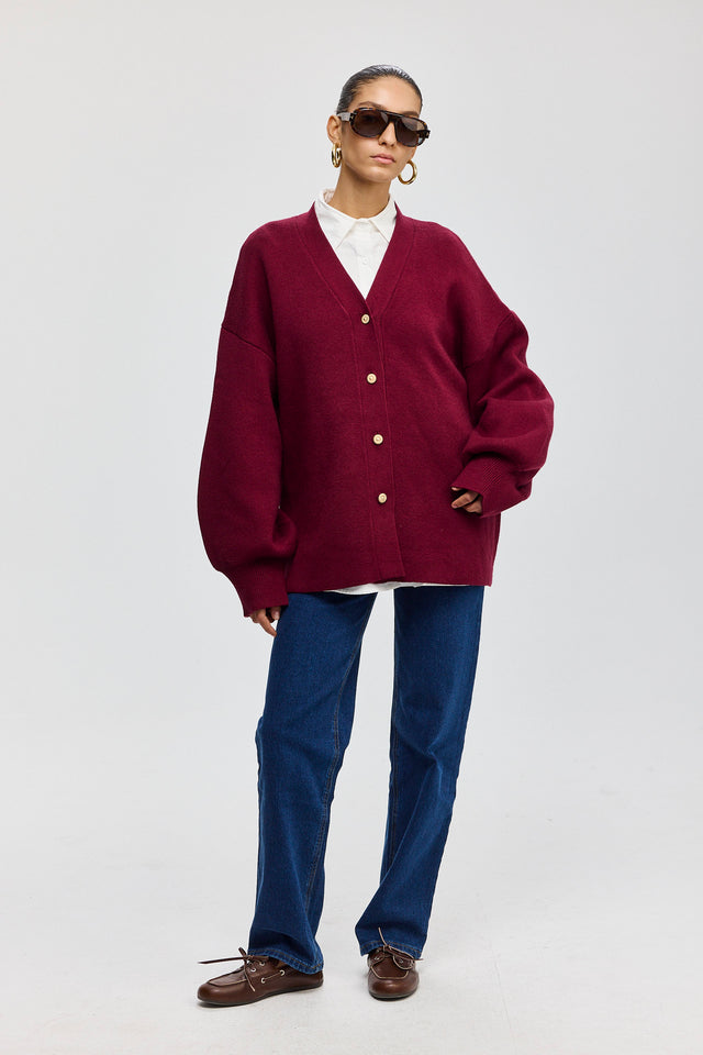 קרדיגן פרזנט סוודר שרוולים תפוחים בורגנדי