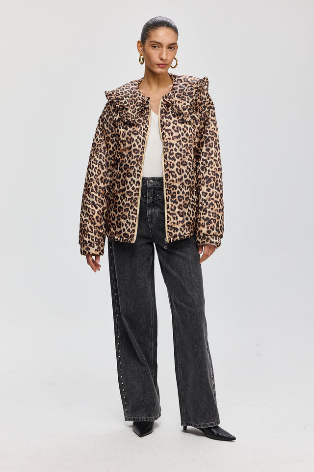 מעיל פלאפי צווארון מלמלה מנומר