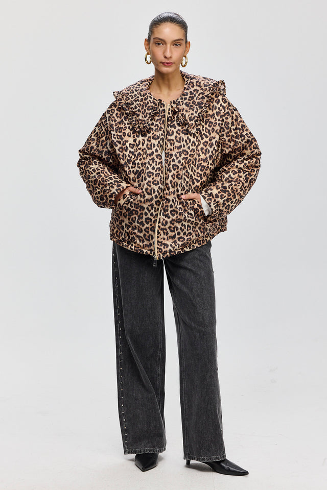 מעיל פלאפי צווארון מלמלה מנומר