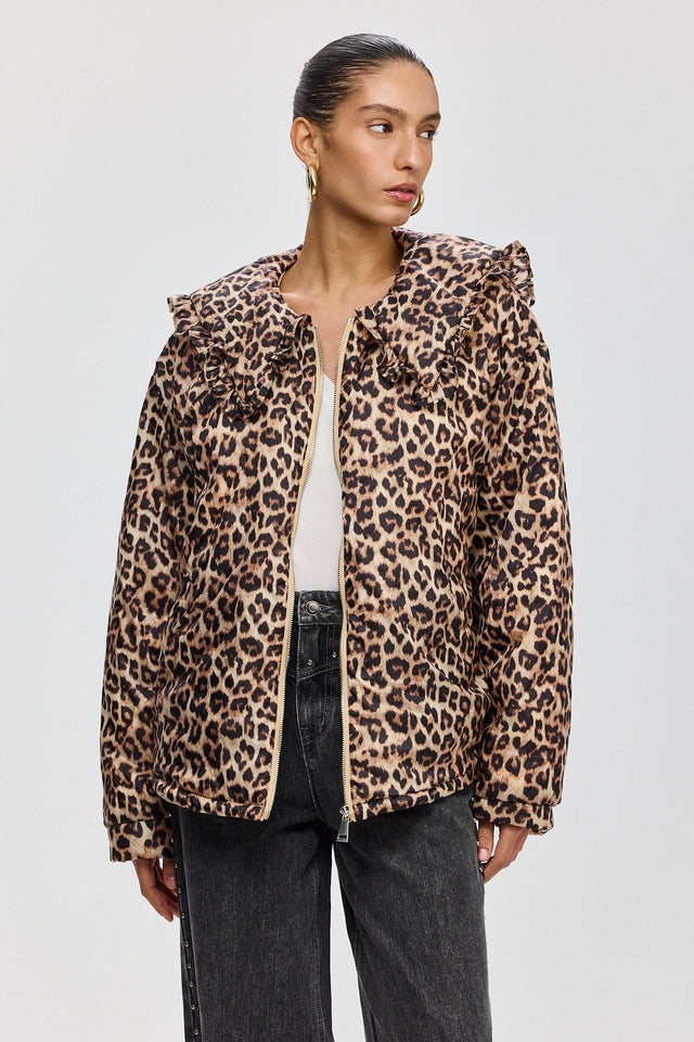 מעיל פלאפי צווארון מלמלה מנומר