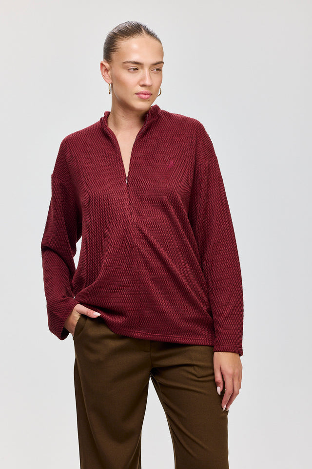 חולצת זיפר סריג ספייסי שרוולים ארוכים בורגנדי