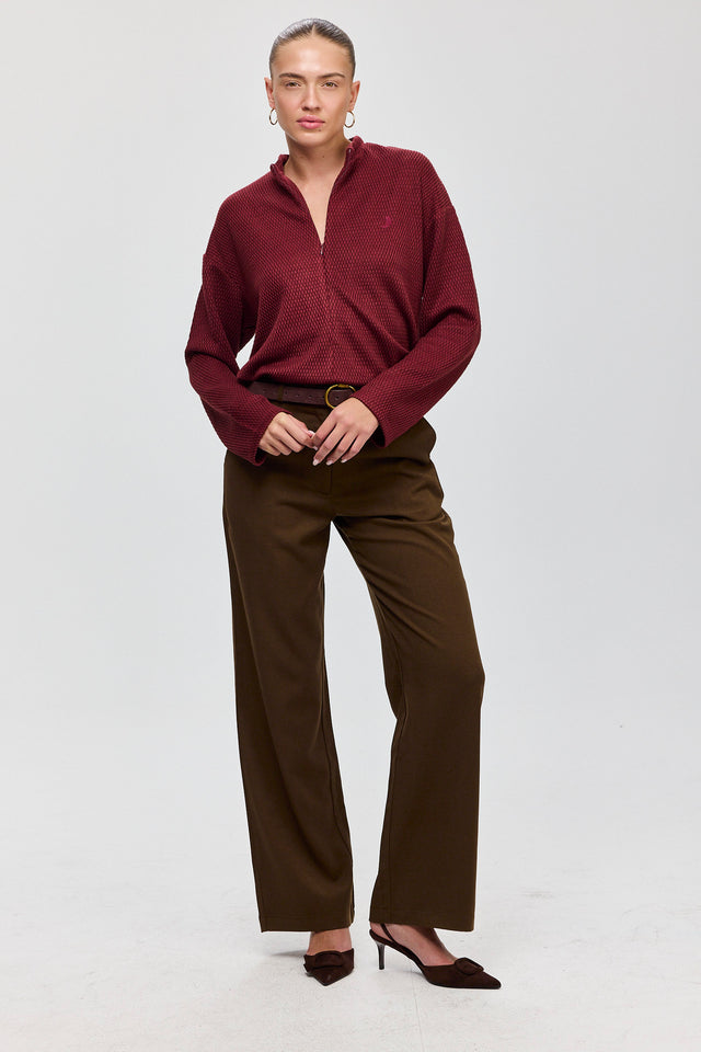 חולצת זיפר סריג ספייסי שרוולים ארוכים בורגנדי