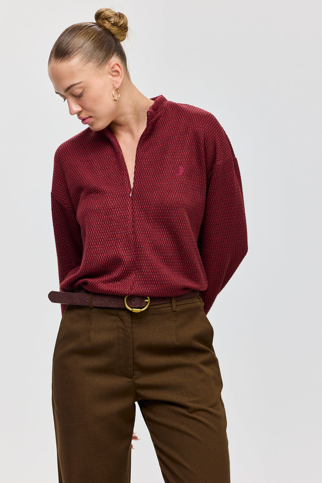 חולצת זיפר סריג ספייסי שרוולים ארוכים בורגנדי