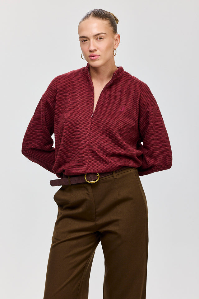 חולצת זיפר סריג ספייסי שרוולים ארוכים בורגנדי