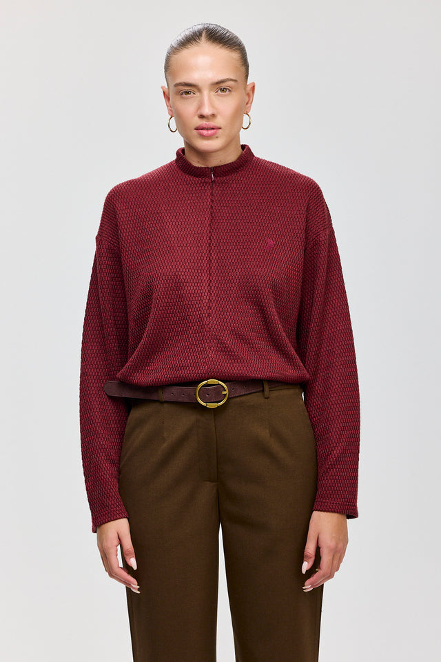 חולצת זיפר סריג ספייסי שרוולים ארוכים בורגנדי